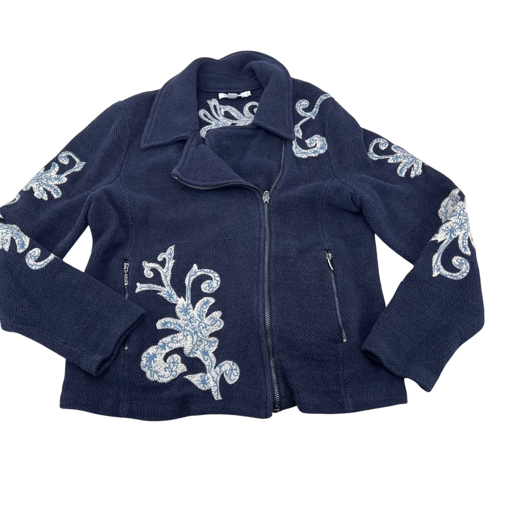 Chicos Navy Blue Embroidered Moto Knit‎ Jacket Full Zip Cotton Blend Size 1 M